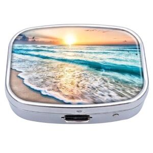 Coastal Ocean Beach Sunset Multi-Use Mirrored Pill Box Container